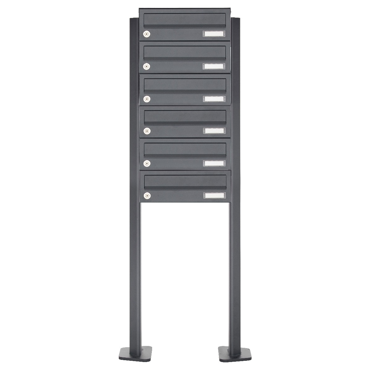 6er 6x1 Edelstahl Briefkastenanlage freistehend Design BASIC Plus 385XP ST-T - RAL nach Wahl