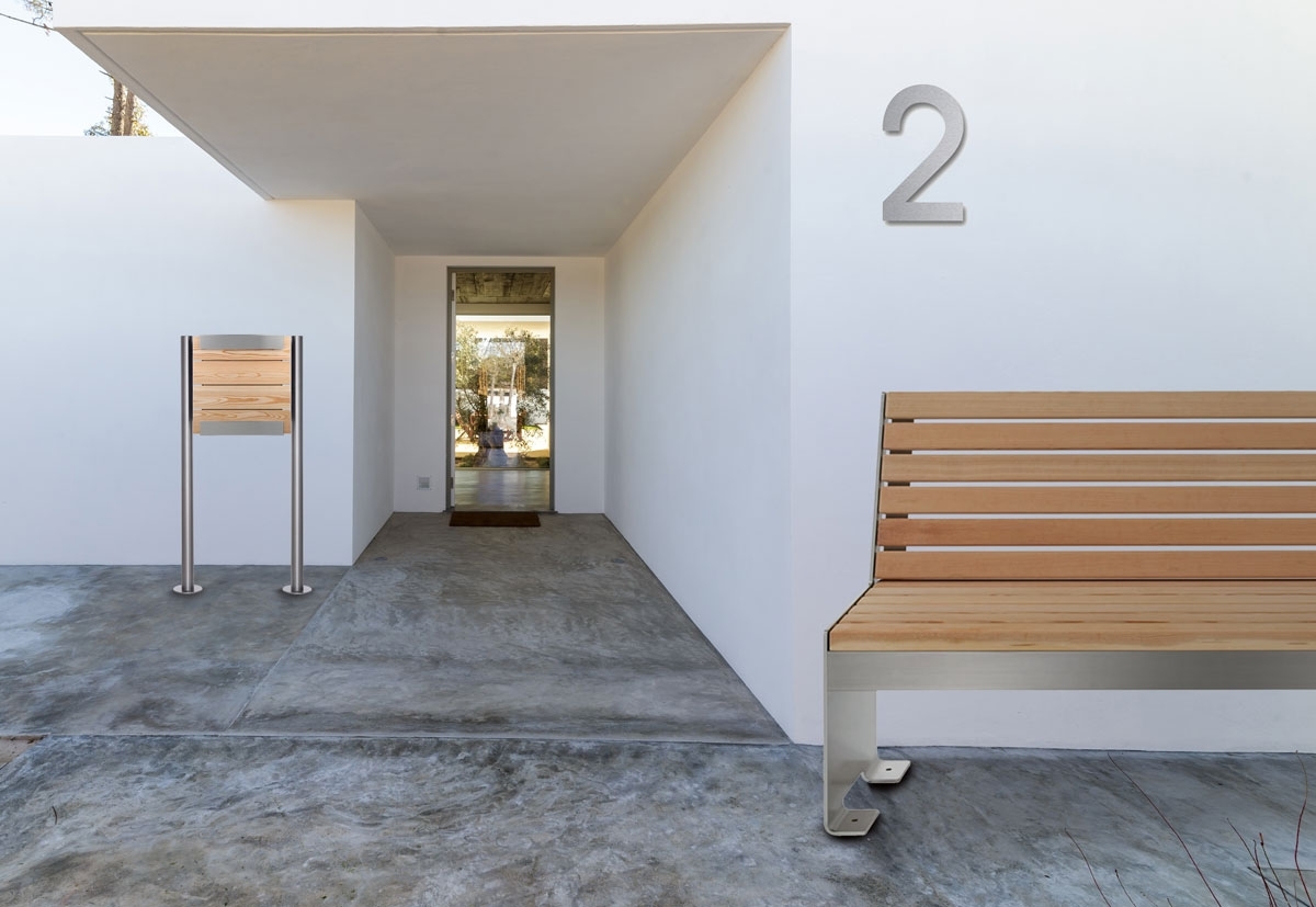 Design Sitzbank NOVALIS mit Rückenlehne - Edelstahl - Douglasie geölt